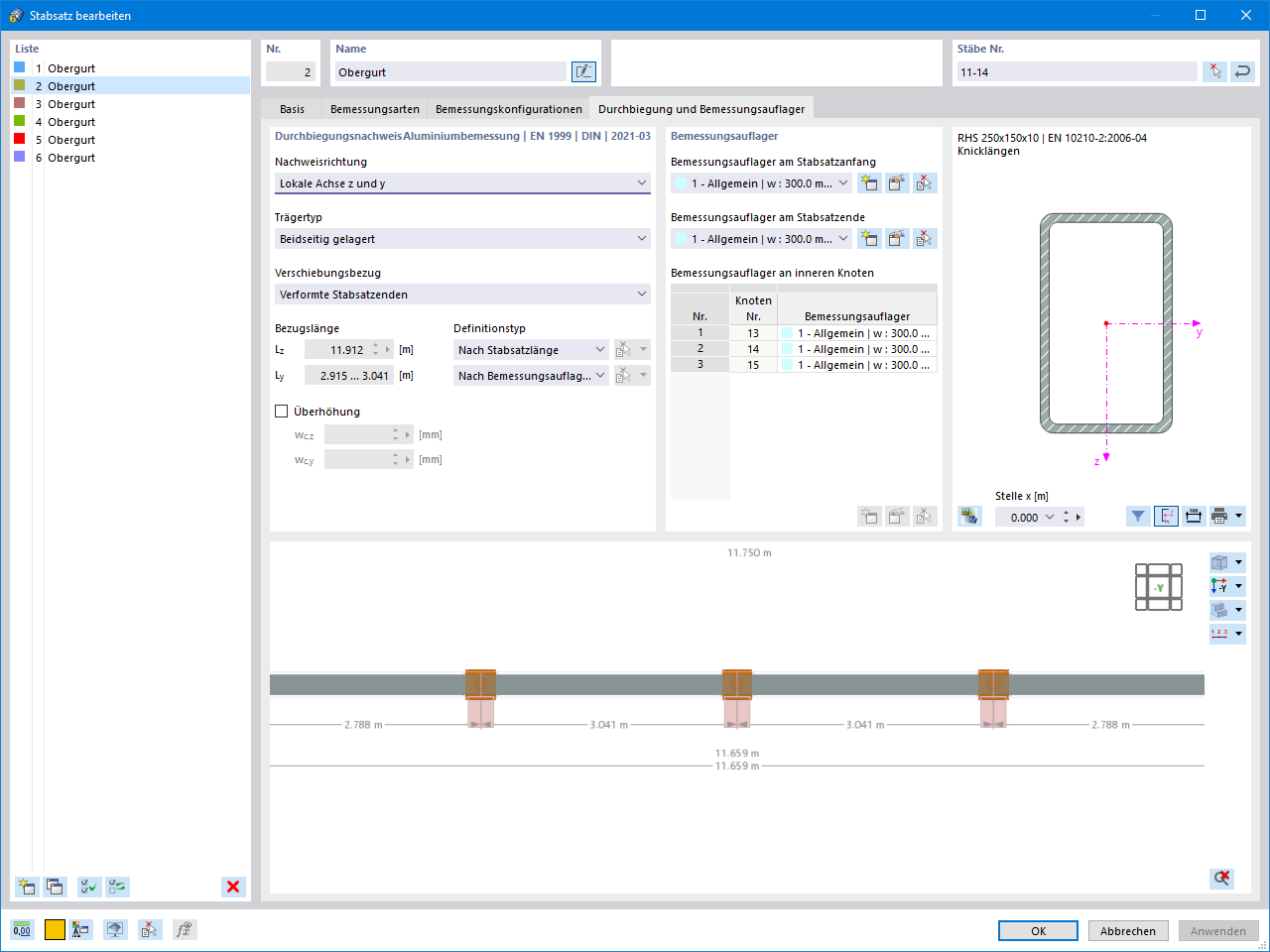 Darstellung der Durchbiegung und Bemessungsauflager in der Aluminiumbemessungssoftware. Zeigt Nutzbarkeit und Eingabeoptionen für den Stabsatz.