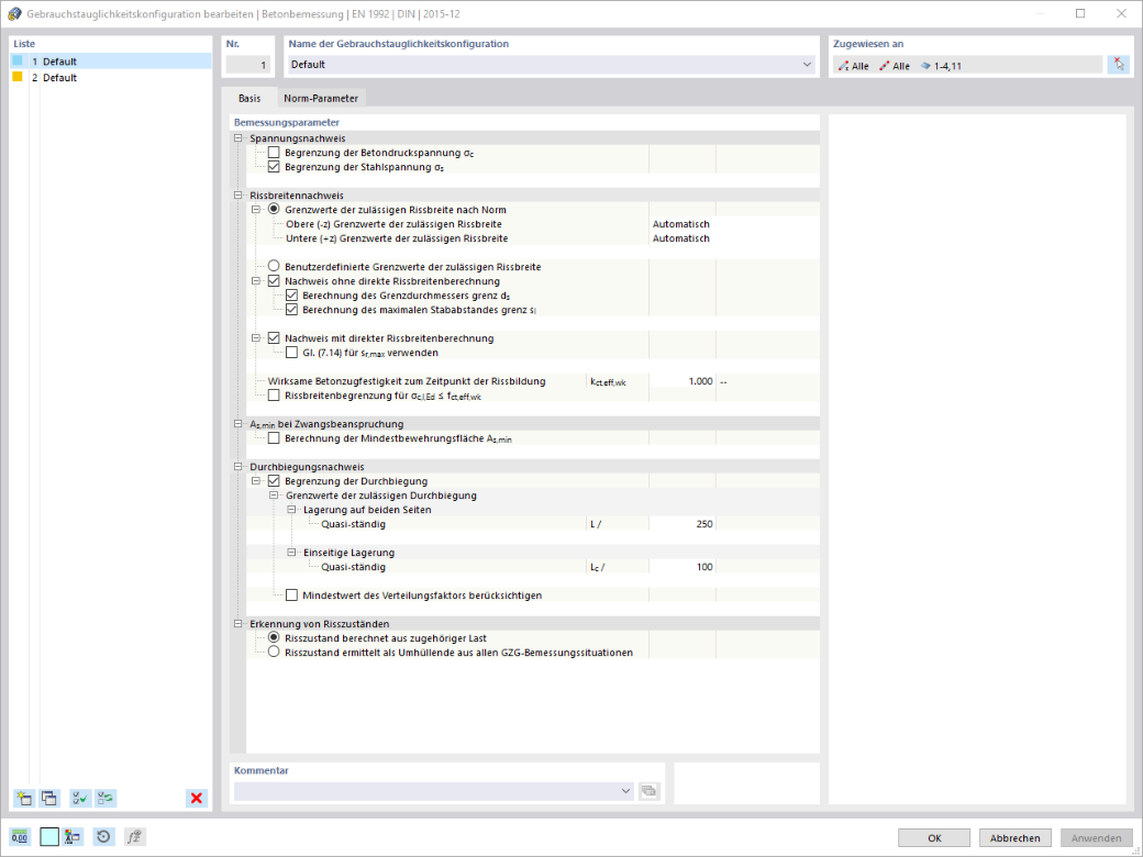 Ansicht der Gebrauchstauglichkeitskonfiguration für Betonverformung in der RFEM 6 Umgebung.