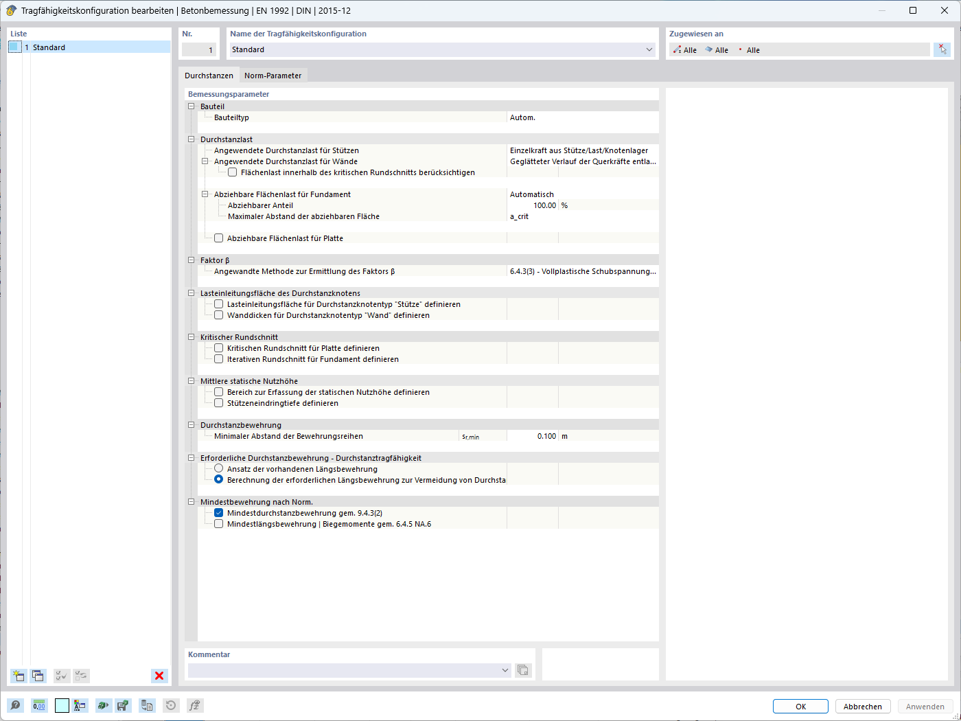 Konfigurationsoberfläche für die Durchstanzbemessung von Beton in RFEM.