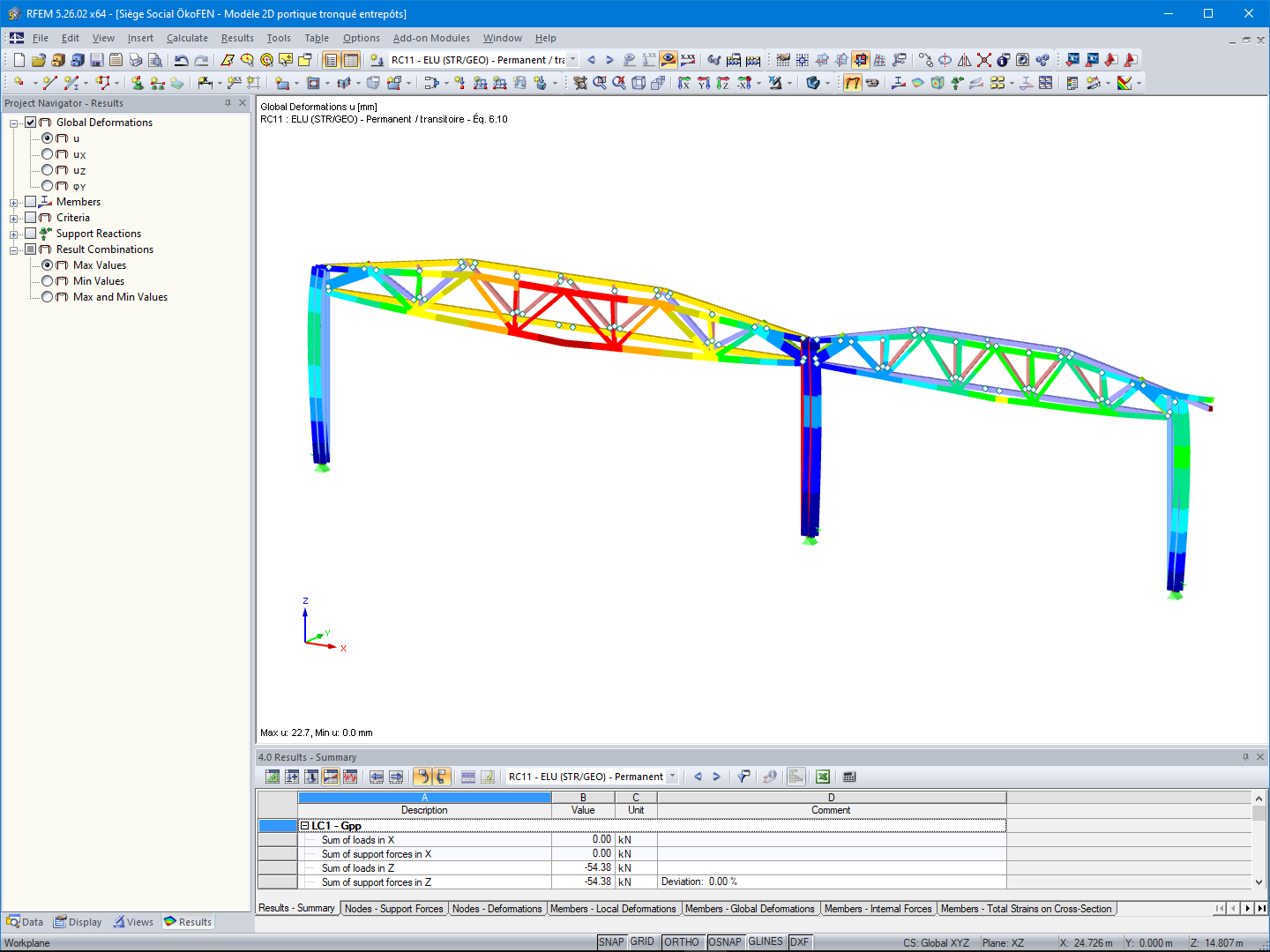 Darstellung der Verformung am Rahmen der Lagerhalle in RFEM