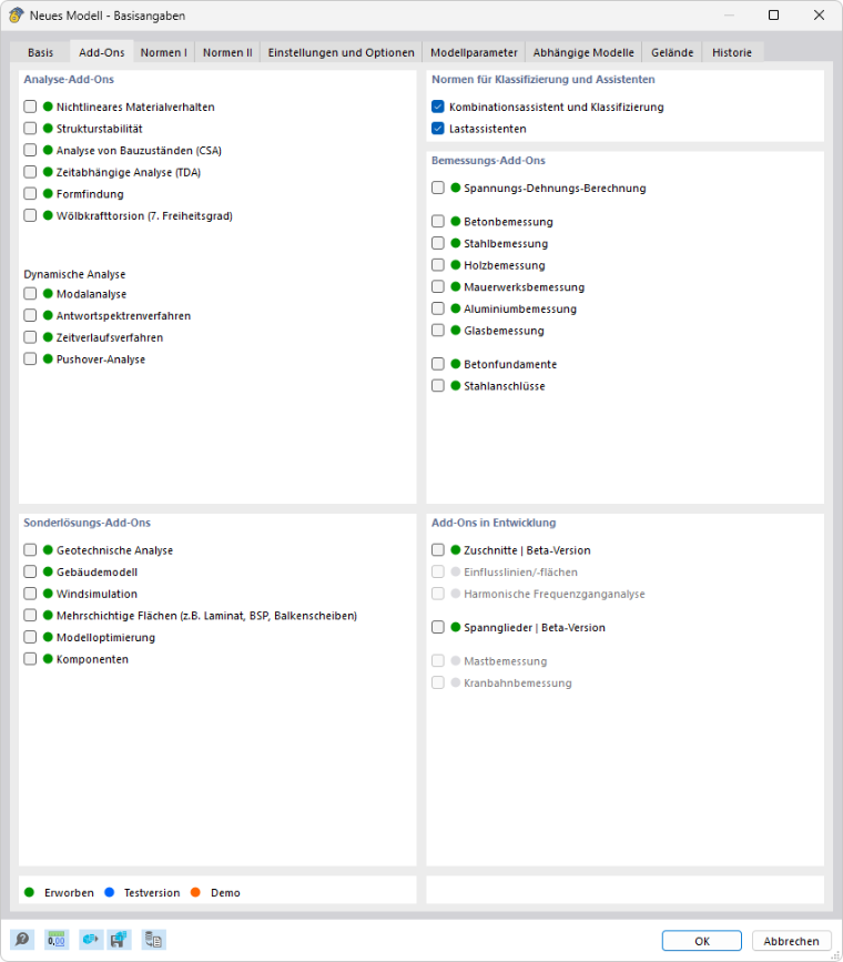 Dialog 'Neues Modell - Basisangaben', Register 'Add-Ons'