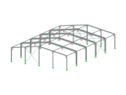 Ein Modell einer Aluminium-Hallenstruktur mit architektonischen Merkmalen und Stützelementen.