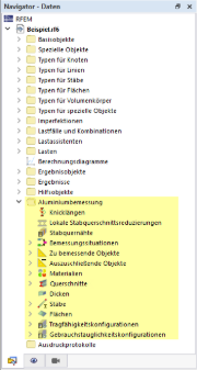 Kategorien für Aluminiumbemessung im Navigator - Daten