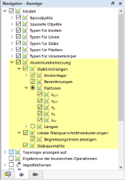 Anzeigemöglichkeiten der Aluminiumbemessung im Navigator - Anzeige