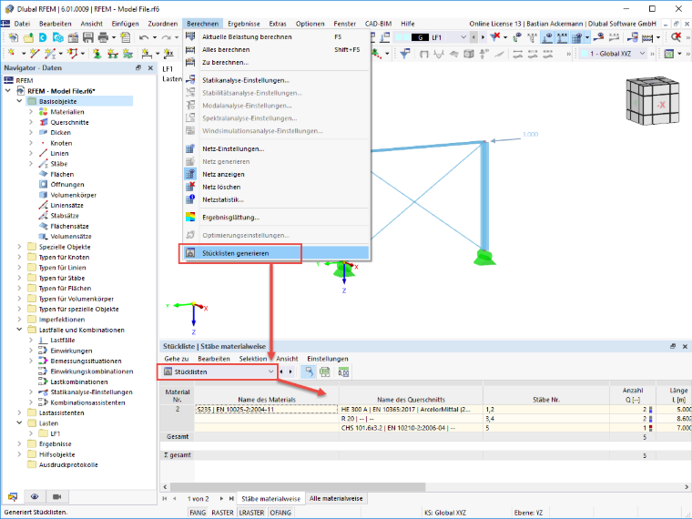 FAQ 005145 | Wie können in RFEM 6 und RSTAB 9 Stücklisten generiert werden?