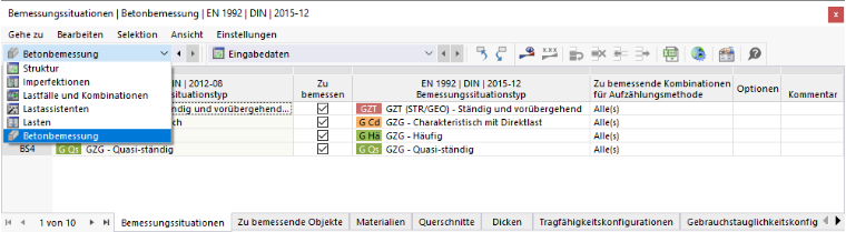Kategorie 'Betonbemessung' in Tabelle