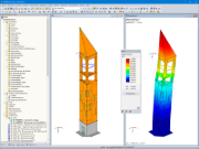 Turmmodell (links) und 1. Eigenform (rechts) in RFEM (© ingwh)