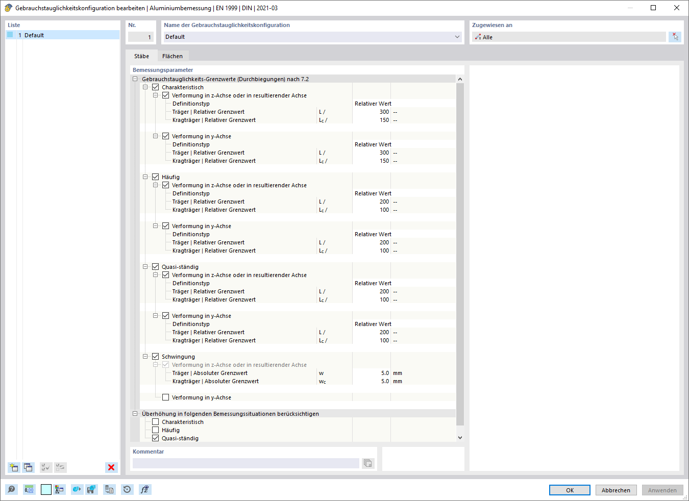 Dialog 'Gebrauchstauglichkeitskonfiguration bearbeiten', Register 'Stäbe'