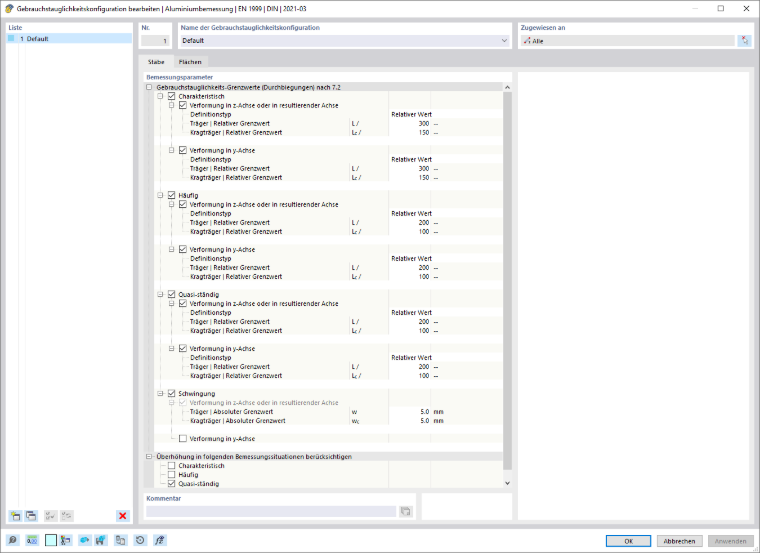 Dialog 'Gebrauchstauglichkeitskonfiguration bearbeiten', Register 'Stäbe'