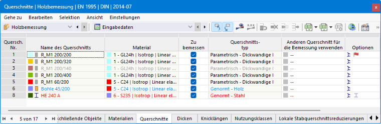 Tabelle 'Querschnitte' für Holzbemessung