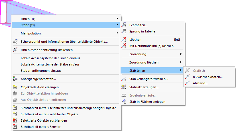 Stab über Kontextmenü teilen