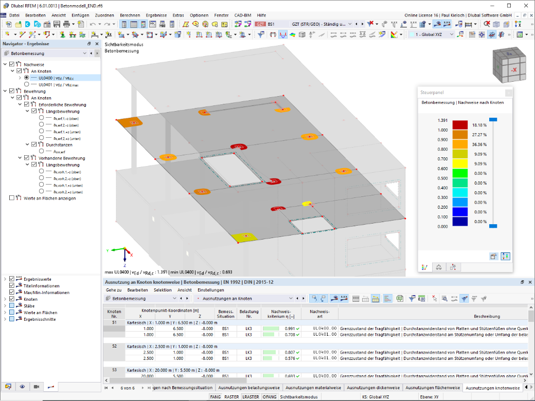 Betonbemessung im RFEM für die Durchstanznachweise mit v-Ed und v-Rd,c Ausnutzung.