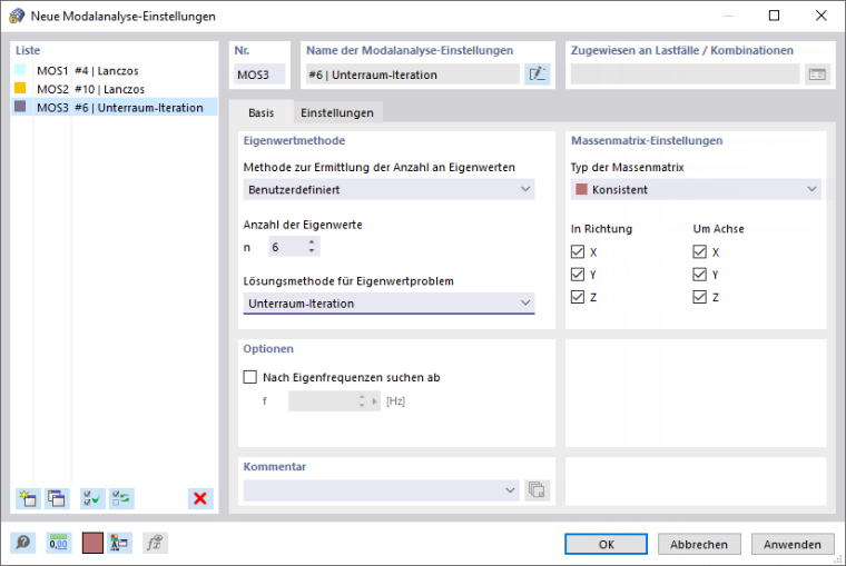 Dialog 'Neue Modalanalyse-Einstellungen'