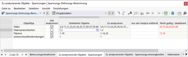 Tabelle 'Zu analysierende Objekte - Spannungen' für Spannungs-Dehnungs-Berechnung