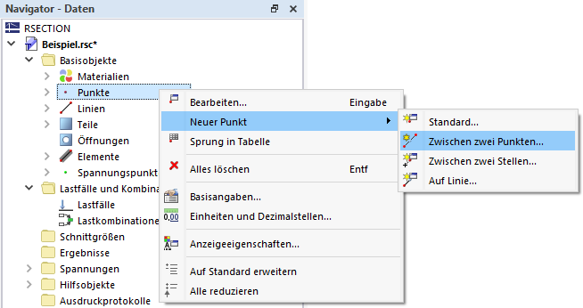 Kontextmenü im Navigator - Daten für 'Punkte'