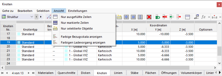 Tabellenmenü 'Ansicht'