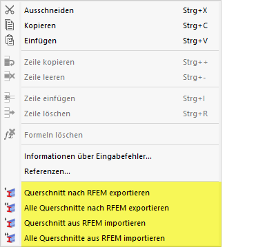 Kontextmenü mit Optionen zum Exportieren oder Importieren des Querschnitts