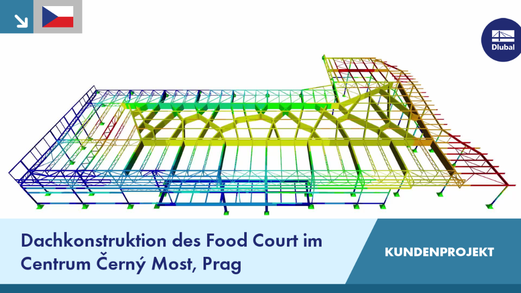 Moderne Dachkonstruktion im Food Court des Centrum Černý Most in Prag zeigt innovative Nutzung von Stahl und Glas.