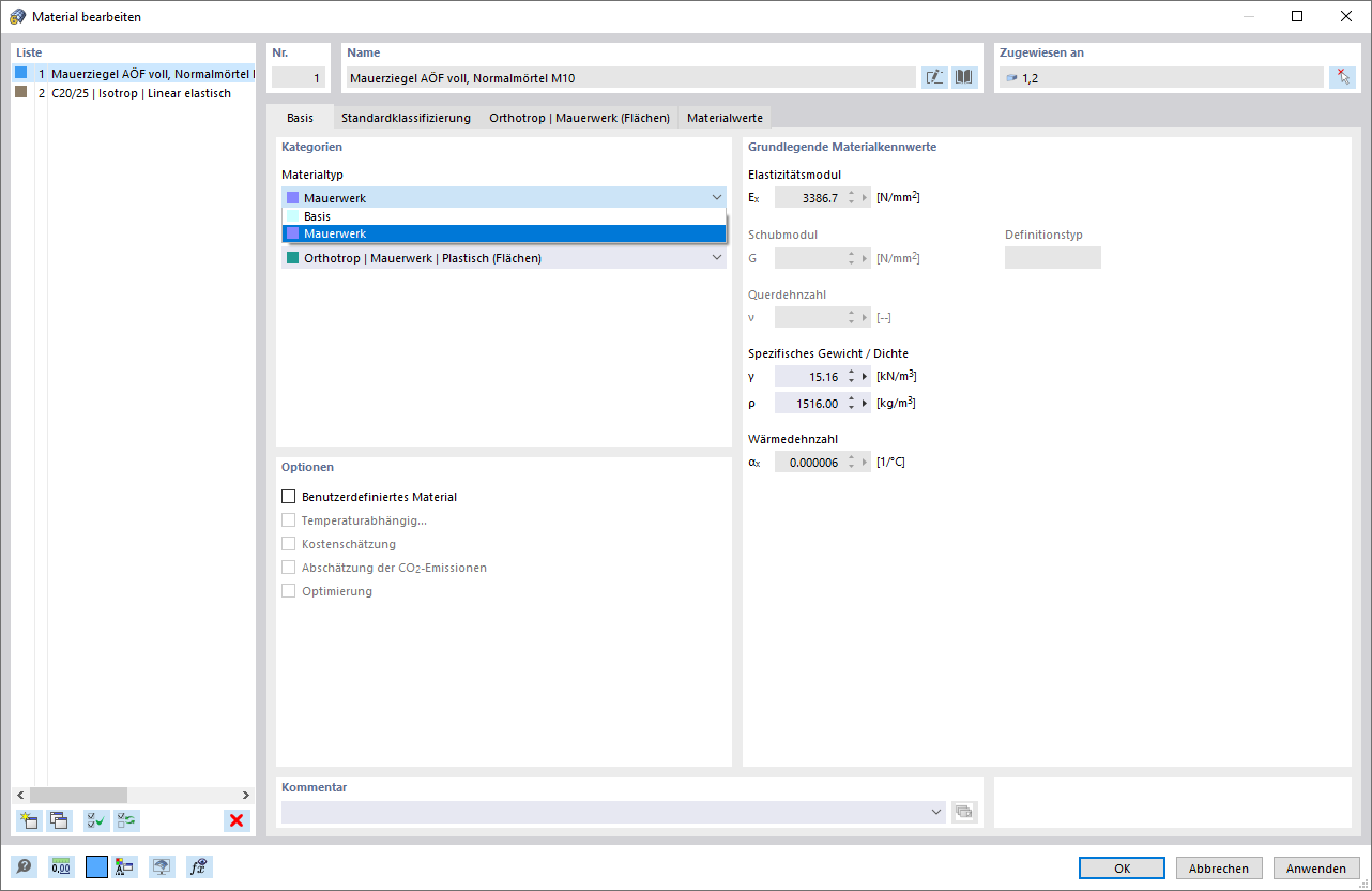 Dialog Material bearbeiten