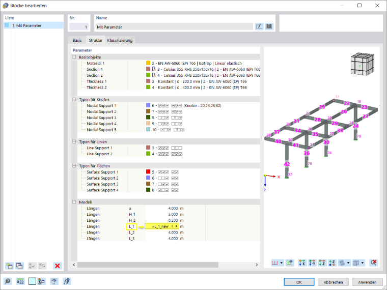Beziehung zwischen den Parametern der Originalstruktur und des Blocks