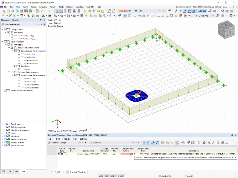 FAQ 005215 | In RFEM 6 wird gemeldet, dass der Durchstanznachweis für eine Platte ohne Schubbewehrung nicht erfüllt wurde. Kann die Statiksoftware diese Bewehrung bemessen?