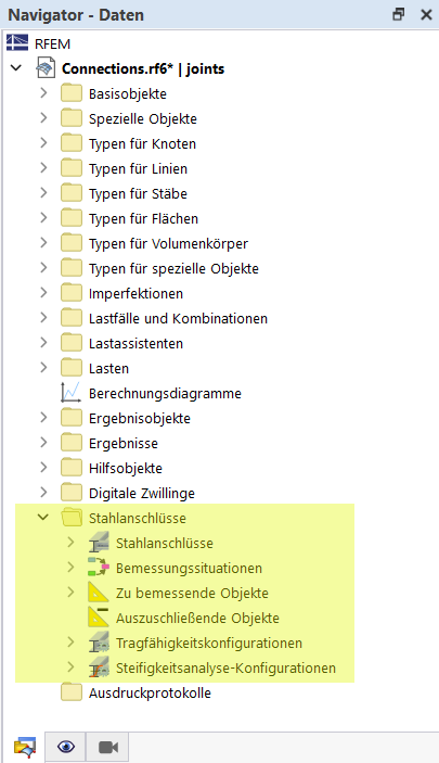 Kategorien für Stahlanschlussbemessung im Navigator - Daten