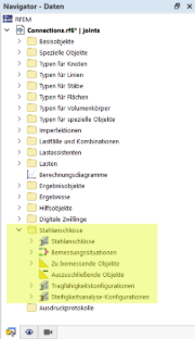 Kategorien für Stahlanschlussbemessung im Navigator - Daten