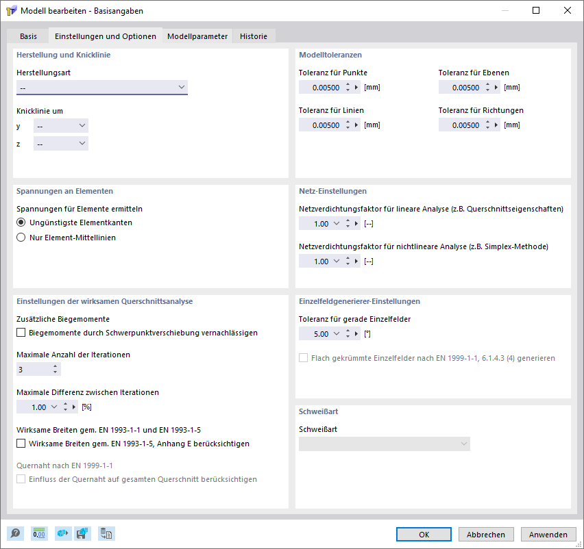 Dialog 'Neues Modell - Basisangaben', Register 'Einstellungen und Optionen'