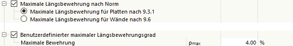 Maximale Längsbewehrung nach Norm für Platten oder Wände und benutzerdefinierter Bewehrungsgrad