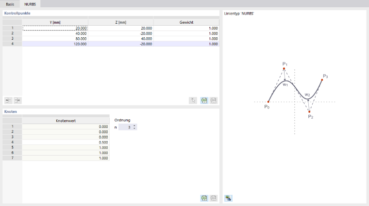 Dialog 'Neue Linie', Register 'NURBS'