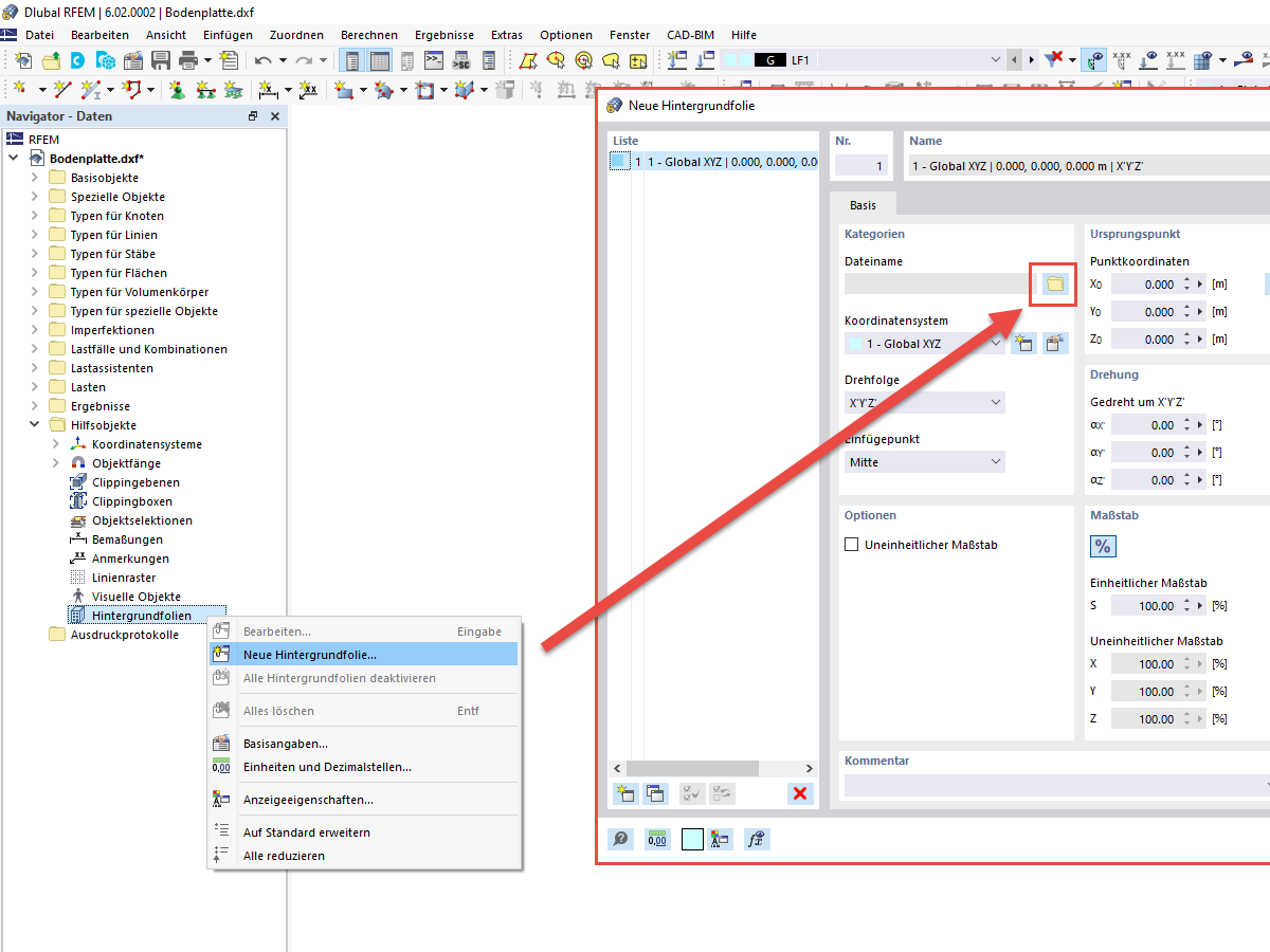 FAQ 005220 | Wie kann ich in RFEM 6 oder RSTAB 9 eine DXF-Datei als Hintergrundfolie einfügen?