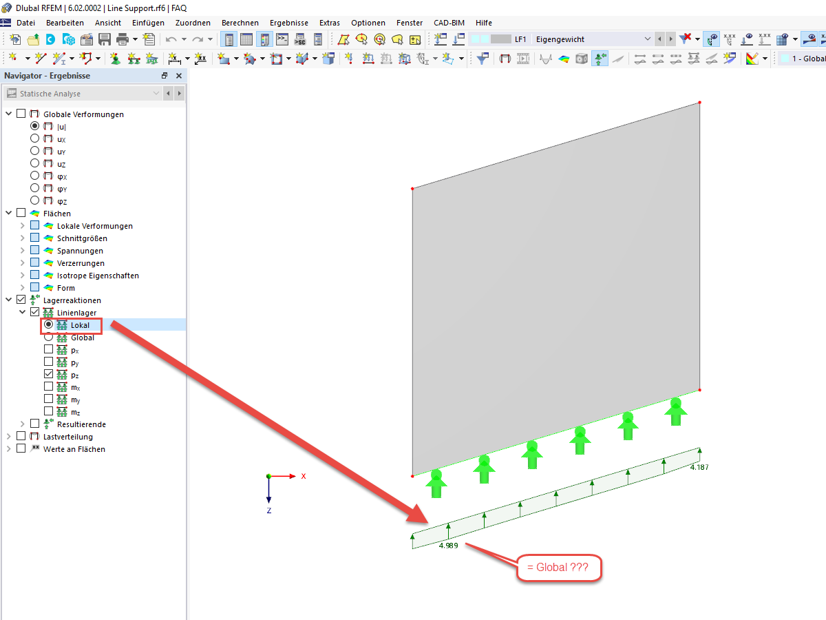 FAQ 005221 | Ich bekomme in RFEM 6 keine lokalen Lagerreaktionen an Linienlagern ausgegeben. Wie muss ich vorgehen, um diese zu erhalten?