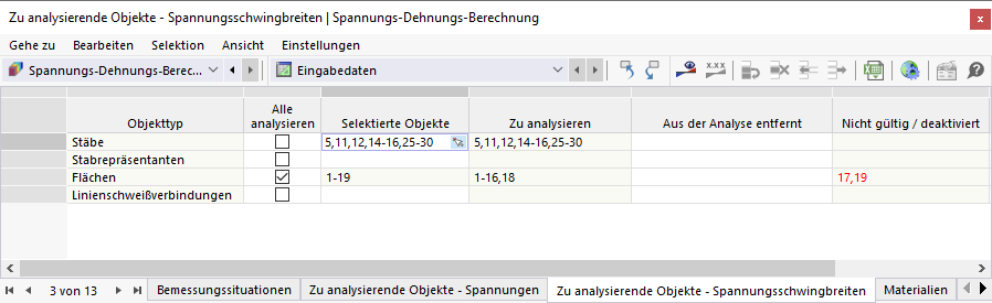 Tabelle 'Zu analysierende Objekte - Spannungsschwingbreiten' für Spannungs-Dehnungs-Berechnung