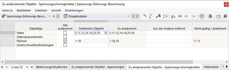 Tabelle 'Zu analysierende Objekte - Spannungsschwingbreiten' für Spannungs-Dehnungs-Berechnung