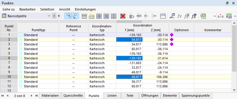 Tabelle 'Punkte' mit selektierten Zellen