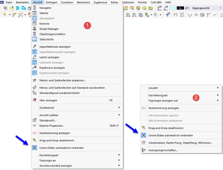 Funktion 'Linien/Stäbe automatisch verbinden' in Menü (1) und allgemeinem Kontextmenü (2)