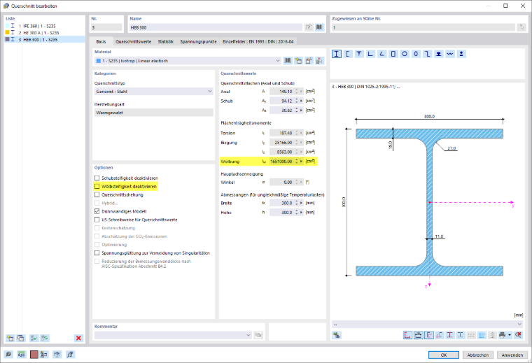 Querschnitt bearbeiten - Optionen mit aktiviertem Add-On Wölbkrafttorsion ( 7 Freiheitsgrade)