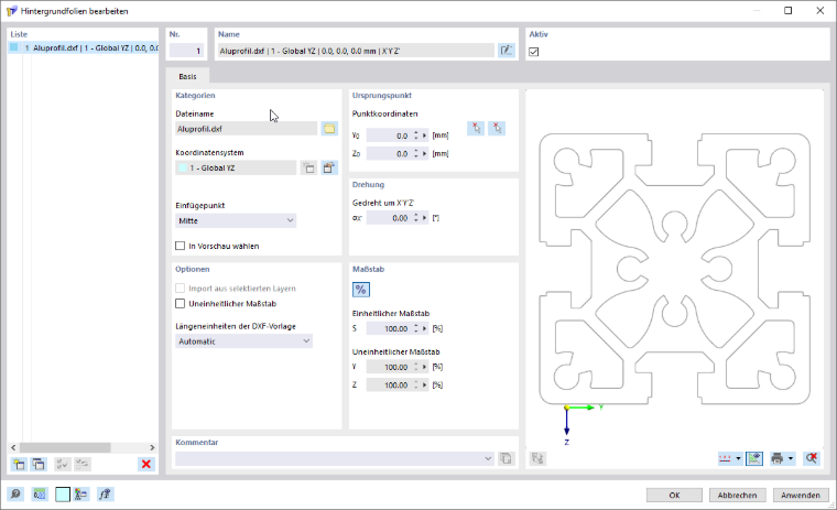 Dialog 'Hintergrundfolie'