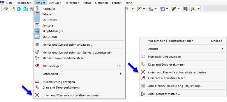 Funktion 'Linien/Elemente automatisch verbinden' im Menü und allgemeinen Kontextmenü
