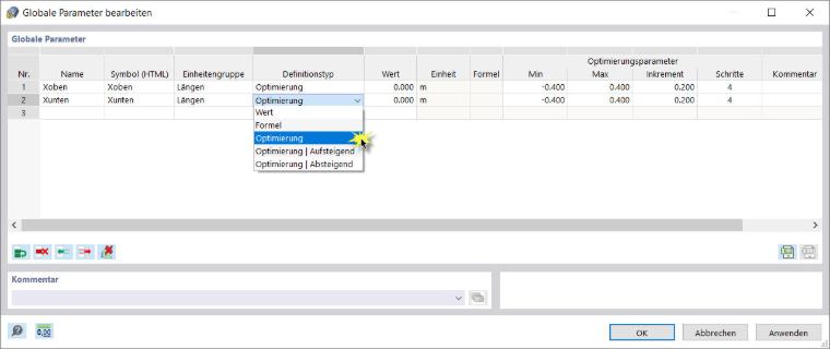 Globale Parameter vom Definitionstyp 'Optimierung'