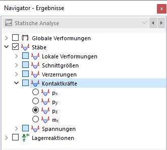 Stab-Kontaktkräfte im Navigator auswählen