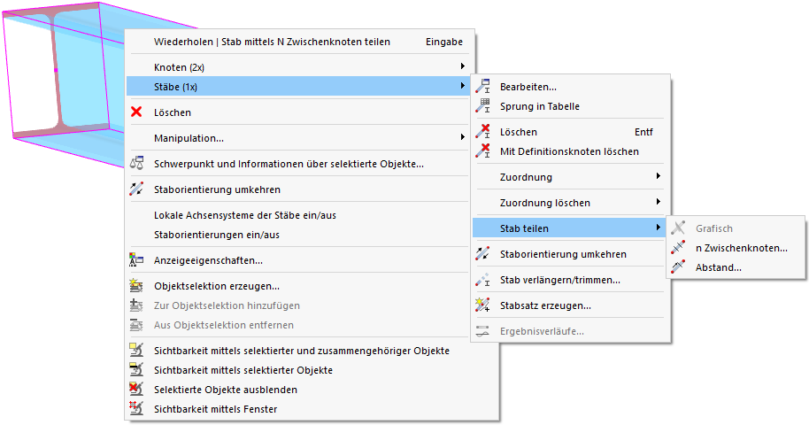 Stab über Kontextmenü teilen