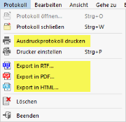 Ausdruckprotoll-Menü 'Protokoll'