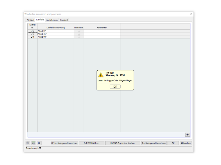 FAQ 005338 | Beim Export meines Modells von RFEM nach RWIND erhalte ich die Meldung "Warnung Nr. 7731 | Lesen der Logger-Datei fehlgeschlagen". Was kann ich tun, u
