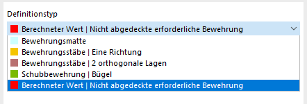 Anzeige der Auswahl von Definitionstypen für Bewehrungselemente wie Matte, Bewehrungsstab und Bügel.