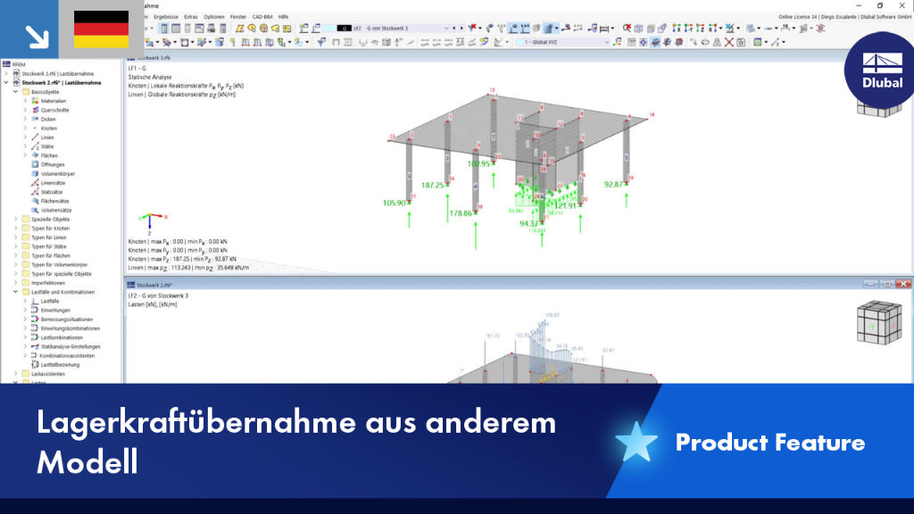 Darstellung eines Features zur Übernahme von Lagerkräften zwischen Modellen in Bauprojekten.
