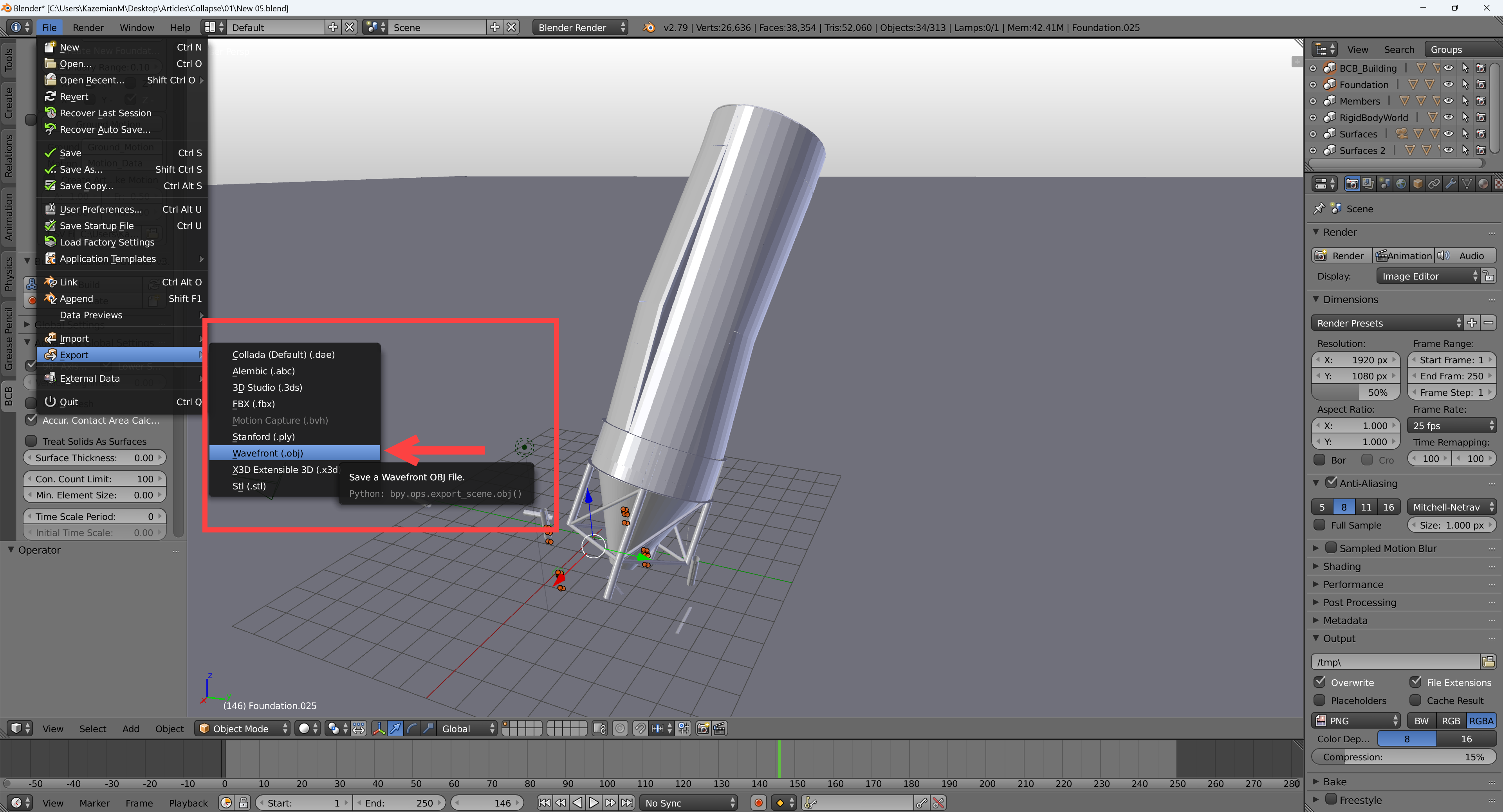 Exportieren des Modells im .OBJ-Format in Blender Version 3.5