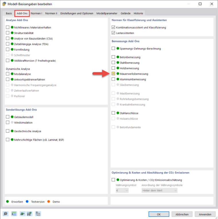 Aktivierung des Add-Ons für Mauerwerksbemessung in der Softwareoberfläche. Demonstriert Einrichtungsprozess.