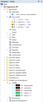Strukturanalyse eines Treppenturms mit detaillierten Modelldaten.