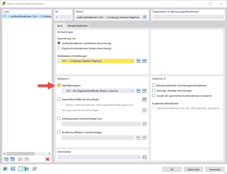 Der Kombinationsassistent zeigt die Aktivierung der Stabilitätsanalyseoption in der Benutzeroberfläche einer Software. Keine weitere Erklärung oder Verallgemeinerungen.